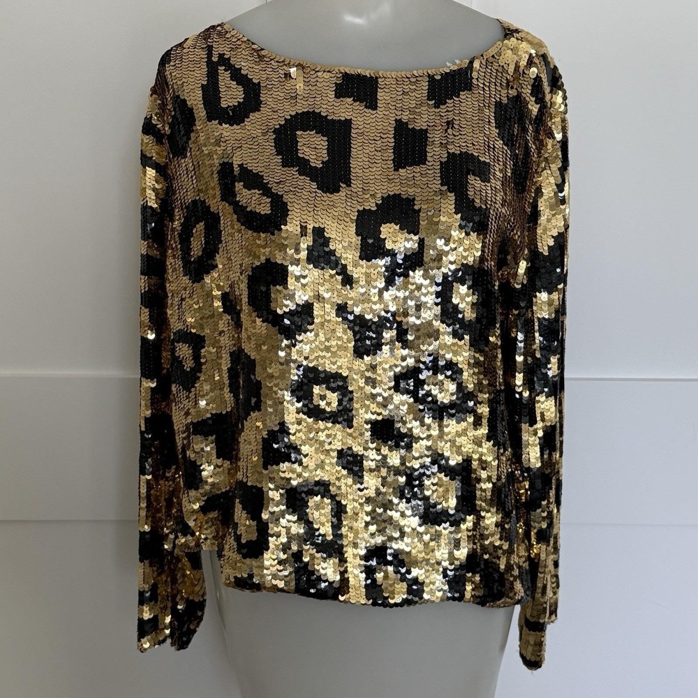 ✨Vintage Sweelo Sequin Silk Top Gold & Black Animal Pattern Disco Evening Size L